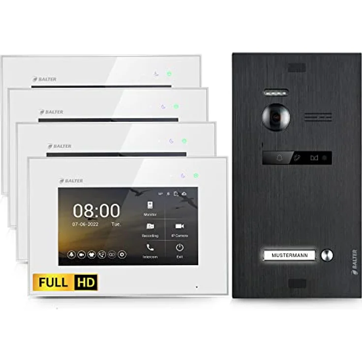 Balter EVO HD Video-Türsprechanlage, Komplettset für Einfamilienhaus, 4x 7-Zoll Full HD Monitore, 2-Draht-Technologie, Schwarz – Bild 1