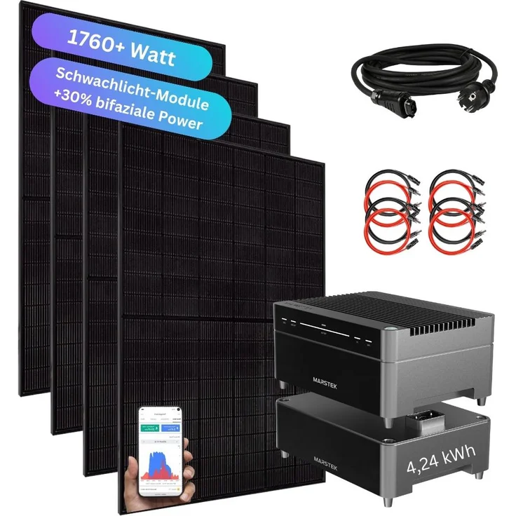 MyVoltaics MYVOLTAICS Balkonkraftwerk 1760Watt mit Speicher Marstek Venus A 4,24 kW, Nulleinspeisung, Notstromfunktion und Flachdach-Aufständerung, transparent