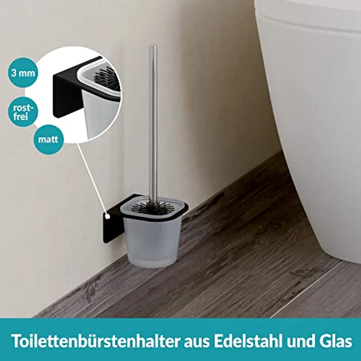 WEISSENSTEIN Toilettenbürstenhalter Set zur Wandmontage ohne Bohren - WC-Garnitur Set mit Bürste, Bürstenhalter aus Glas, schwarzer Edelstahl Halterung zum Kleben – Bild 3