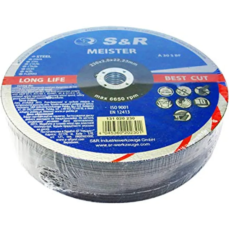 S&R Trennscheibe für Metall, Stahl, Edelstahl/INOX 230x2,0x22,23mm A30 S-BF, Set 25 Stück - 2-fach verstärkte Scheibe für präzises Trennen, zertifiziert nach DIN EN 12413, für Winkelschleifer mit 230 mm