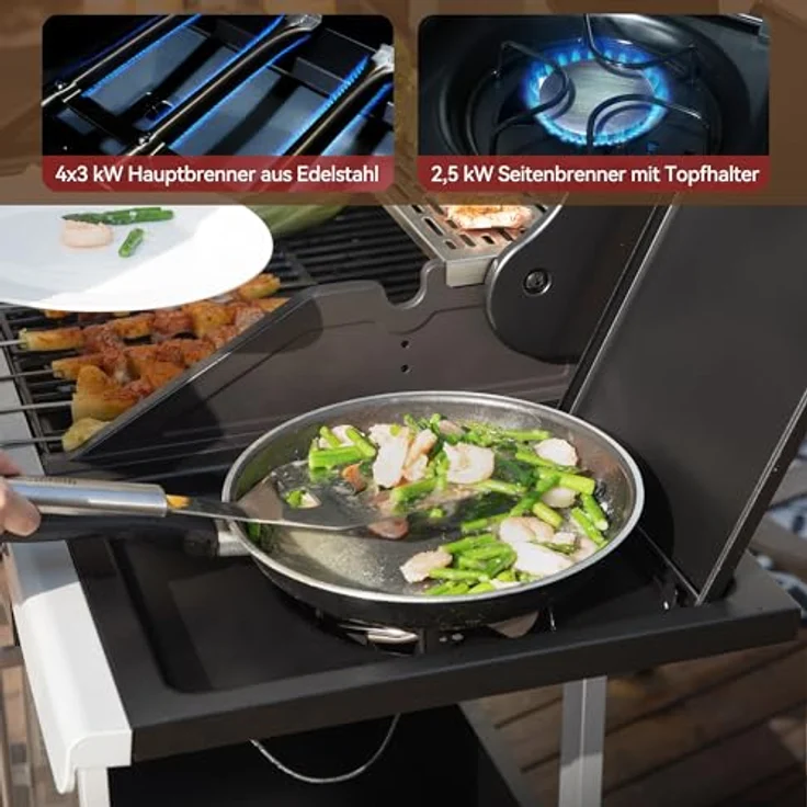 Royal Gourmet 4+1 Brenner Gasgrill Grillwagen mit Unterschrank, Edelstahlbrenner mit 14,5 kW und automatischer Zündung Campinggrill mit Seitenbrenner Silber - Vielseitiger Grill mit großem Kochraum und effizienter Wärmeübertragung – Bild 4