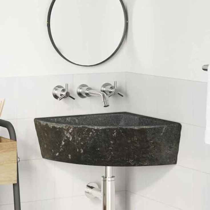 vidaXL Rustikales Badezimmer-Eckbecken aus Naturstein, Wandmontage, matte graue Oberfläche, wasserresistent, Fluss-Stil – Bild 2