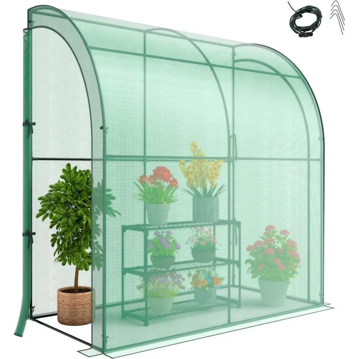 Komfotteu Gewächshaus, 198,5x98x215 cm, mit Blumenregal & PE-Gitterabdeckung, grün