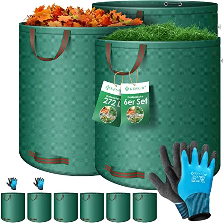 KESSER® Gartensack 6X 272L Set, selbststehend mit 4 stabilen Griffen, faltbar, UV- und witterungsbeständig, grün, inklusive rutschfester Handschuhe – Bild 1