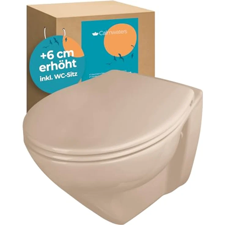 Calmwaters Wand-WC Modern Plus, spülrandlos mit 6 cm Erhöhung, Tiefspüler, waagerecht, Bahamabeige, antibakterieller WC-Sitz – Bild 1