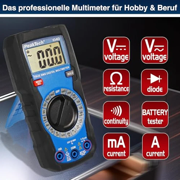 PeakTech 1040 True RMS Digital Multimeter, Manuell-Range, 2.000 Counts, Durchgangsprüfer, Voltmeter; 10A AC/DC - CAT III 600V, Blau – Bild 3