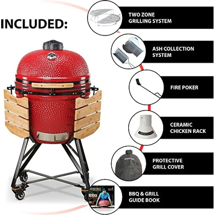 Kamado Bono Grande Roter - Kamado Grill - Kohle Gril Klein - Vielseitiger Keramikgrill für Draußen - Kleiner Kohlegrill mit Großer Wirkung - Perfekt für BBQ und Grillen, Ø 59cm – Bild 3