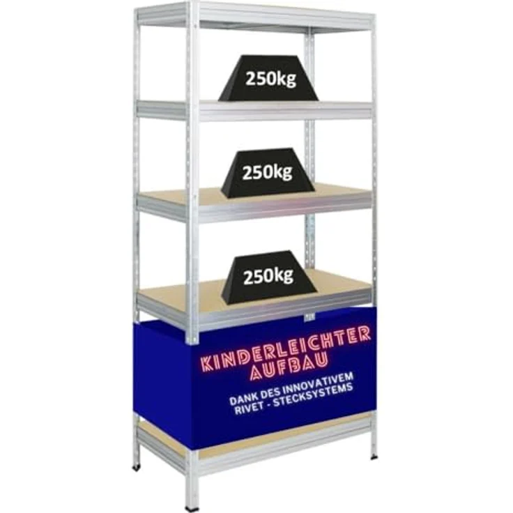 Proregal Schwerlastregal Rivet, 180 x 90 x 45 cm, 5 verstellbare Böden, Traglast 250 kg pro Boden, verzinkter Stahl – Bild 1