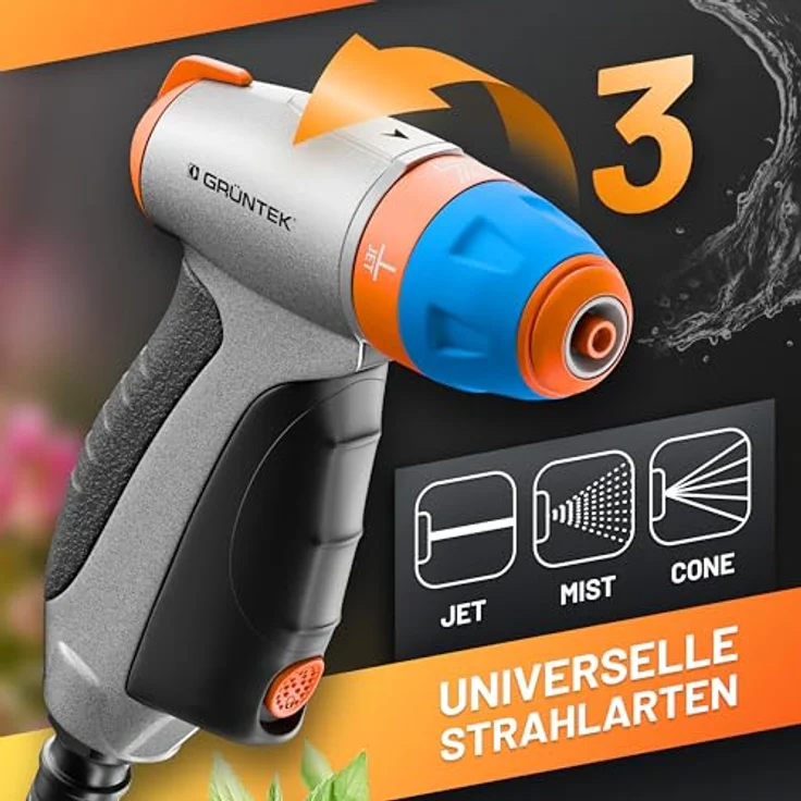 GRÜNTEK Garten-Spritze, verstellbare Spritzpistole mit 3 Düsen, metall, stoßfest, leichte Handbrause für Garten und Reinigung, ergonomischer Griff, Wasser-Stop-System – Bild 2
