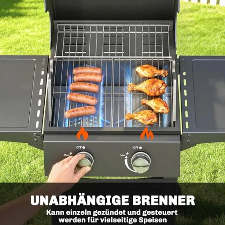 Outsunny Gasgrillwagen 5,4 kW, 2 Brenner mit klappbarem Seitentisch, Thermometer und Warmhalterost, schwarz – Bild 3