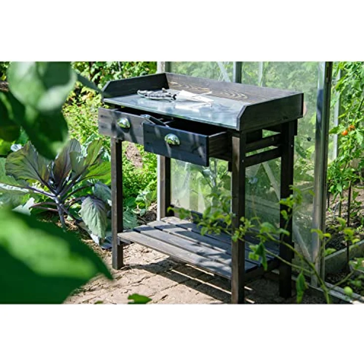 dobar 29031e Praktischer Pflanztisch mit 2 Schubladen und Ablagefläche, 79 x 39 x 90 cm, Fichte, Schwarz – Bild 9