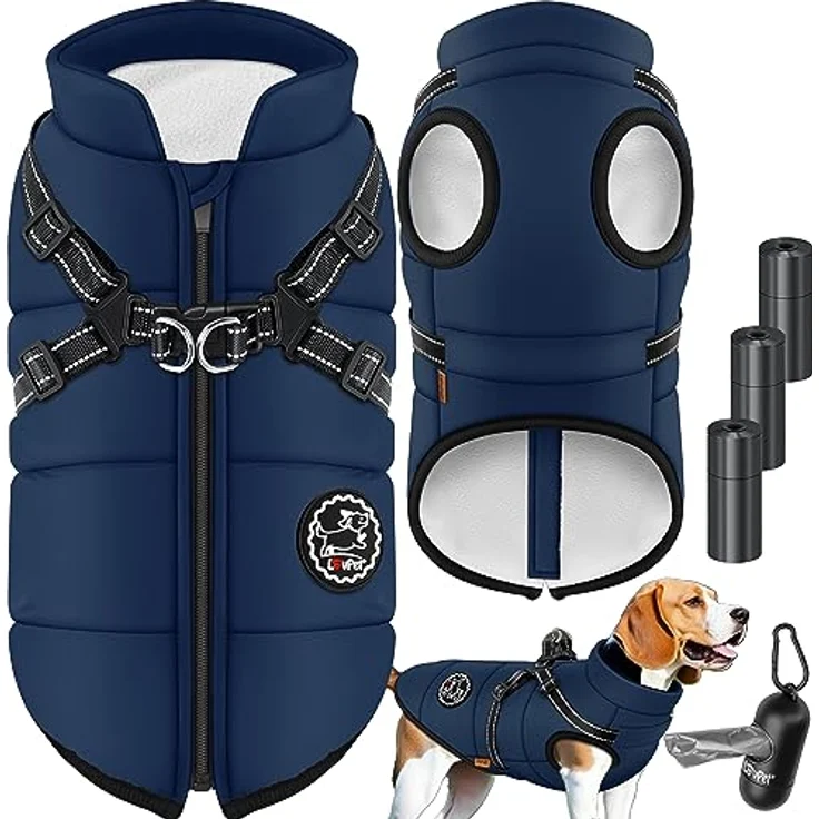 Lovpet® Hundejacke Hundemantel mit Geschirr, 45 Kotbeutel + Spender, Winterweste gefüttert wasserdicht, reflektierende Gurte, D-Ring 4XL, Navyblau – Bild 1