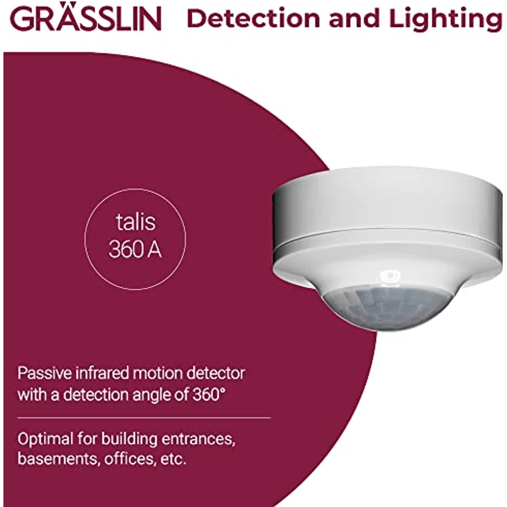 GRÄSSLIN 18.06.0026.1 talis 360 A - Passiv-Infrarot Bewegungsmelder für Deckenmontage im Innenbereich I 1-Kanal I 360° Erfassungswinkel I LED 200W I Glüh- und Halogen 1000W – Bild 3