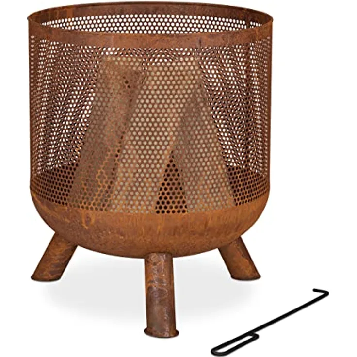 Relaxdays Feuerkorb, Mesh Design, Rostoptik, Feuerrost, Schürhaken, HxD: 53 x 44 cm, Garten Feuertonne, Stahl, braun, 53 x 44 x 44 cm