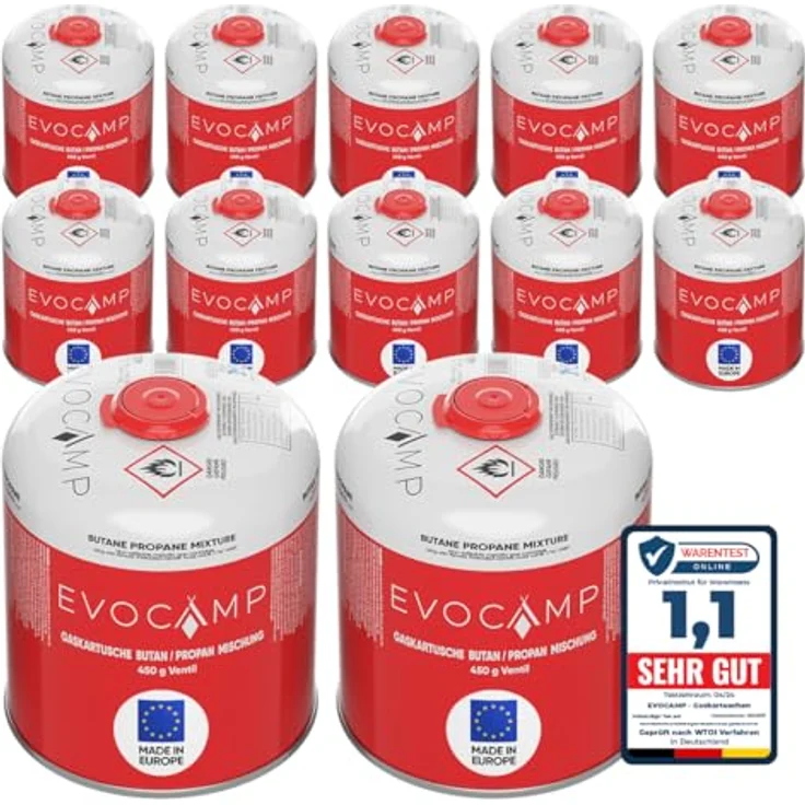 EVOCAMP 12x Propan Butan Gaskartuschen 450g, für Weber Grills Q100/1000-Serien, Schraubkartusche Eurogewinde 7/16", Sicherheits-Verschlussautomatik, 809ml – Bild 1