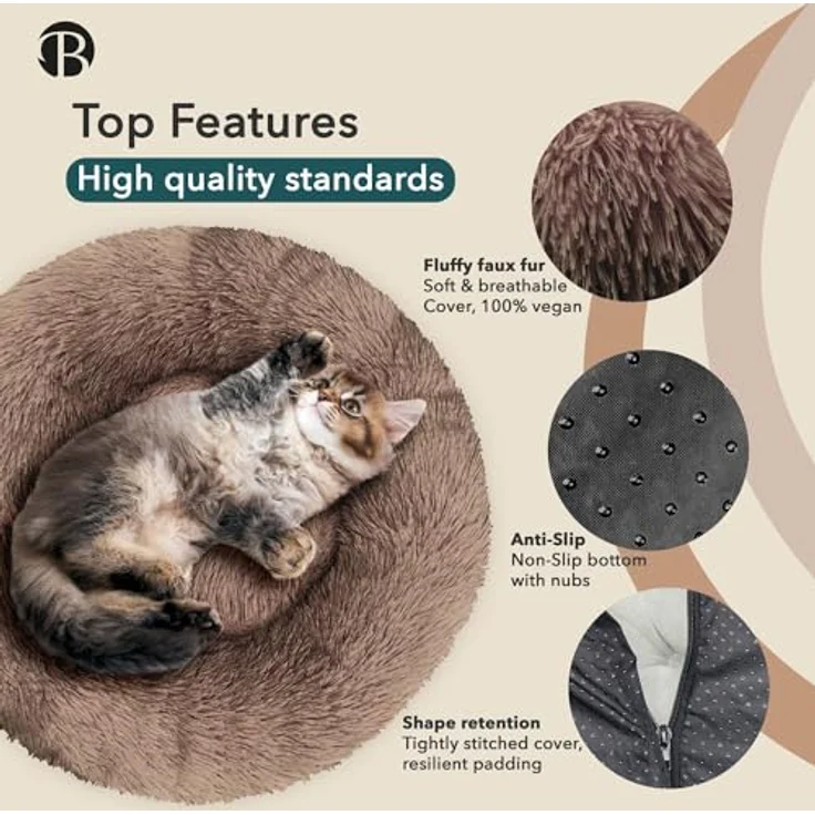 bluzelle Hundebett für kleine Hunde & Katzen, 50cm Hundekissen Rund Donut Kissen Hundekorb Plüsch, Katzenbett Flauschig Katzenkissen Waschbar rutschfest Weich, Farbe:Khaki – Bild 2