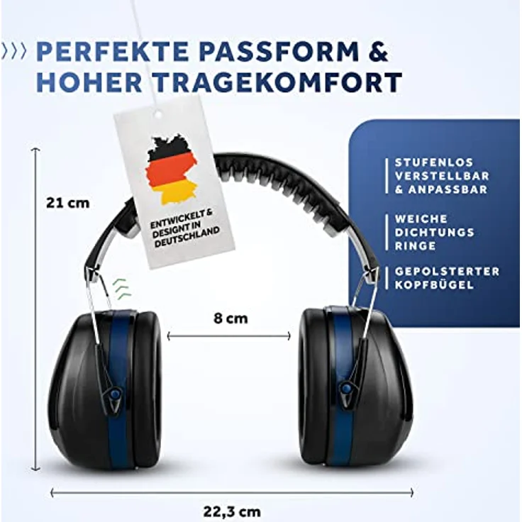 Schallwerk ® Work+ | Größenverstellbarer Arbeit Gehörschutz (Schwarz/Blau) - Hochwertige Lärmschutz Kopfhörer – Bild 4