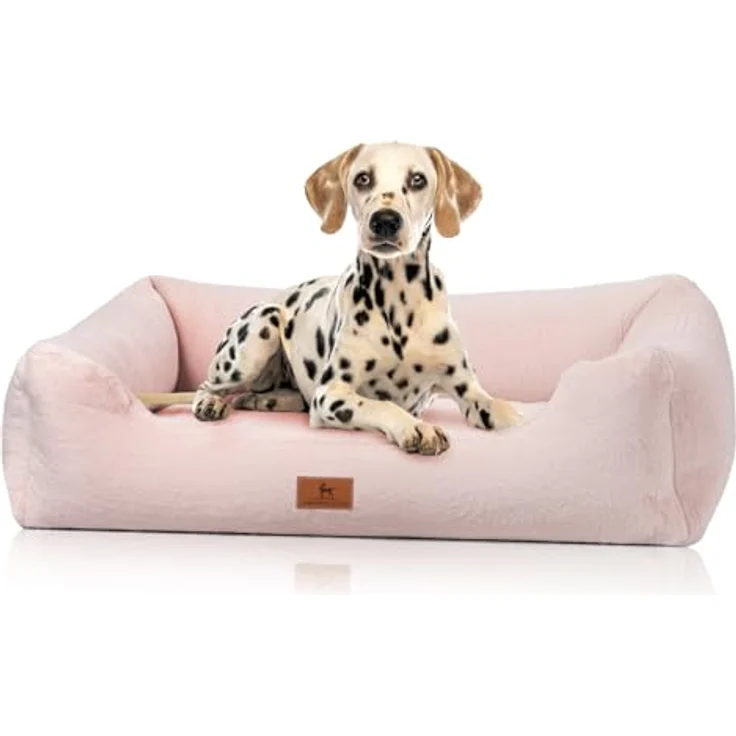 Knuffelwuff Schnuffelupagus, orthopädisches Hundebett aus Kaninchen Fellimitat, M-L 85 x 63 cm, rosa, abnehmbarer und waschbarer Bezug, für große, mittelgroße und kleine Hunde – Bild 1