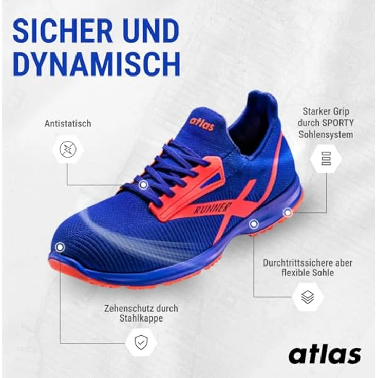 Atlas Sicherheitshalbschuh Runner 45 S1P ESD SRC DGUV, Größe 38, neonblau, textil, durchtrittsicher, rutschhemmend – Bild 3