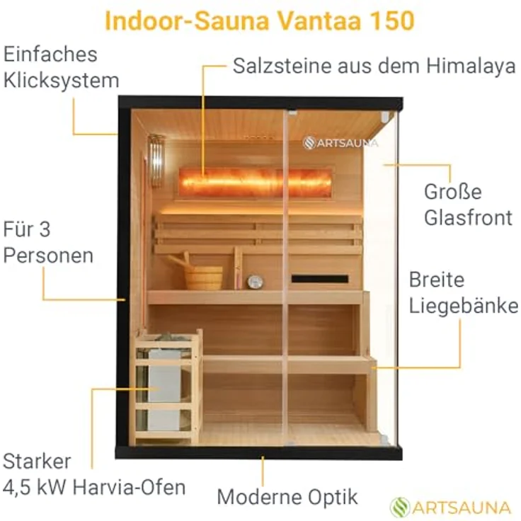 Artsauna Sauna Vantaa 150, BxTxH: 150 x 140 x 190 cm, 5 mm, 2 große Salzsteine, Ambientebeleuchtung, Schwarz/Natur, 3 Personen, 4,5 kW Ofen mit Saunasteinen – Bild 4