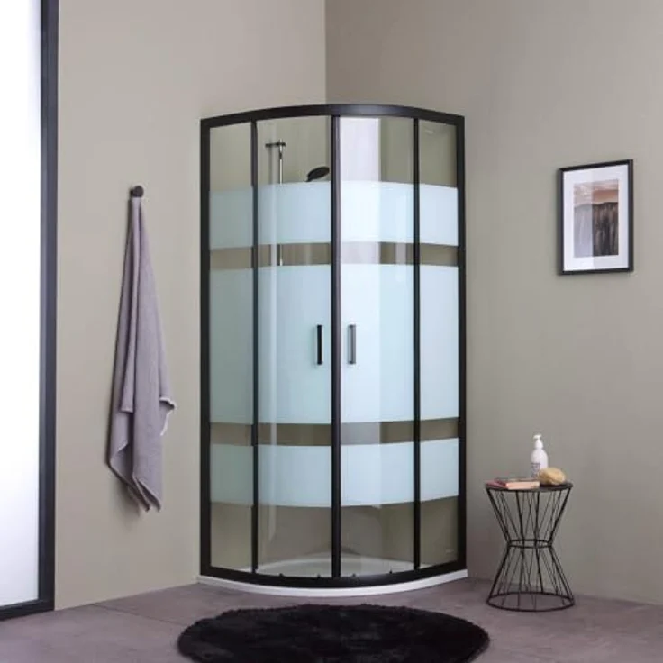 Kiamami Valentina Viertelkreis Duschkabine 80x80 cm, vollgerahmt mit Schiebetüren und Glasdekor Querstreifen, matt schwarz, Höhe 190 cm – Bild 1
