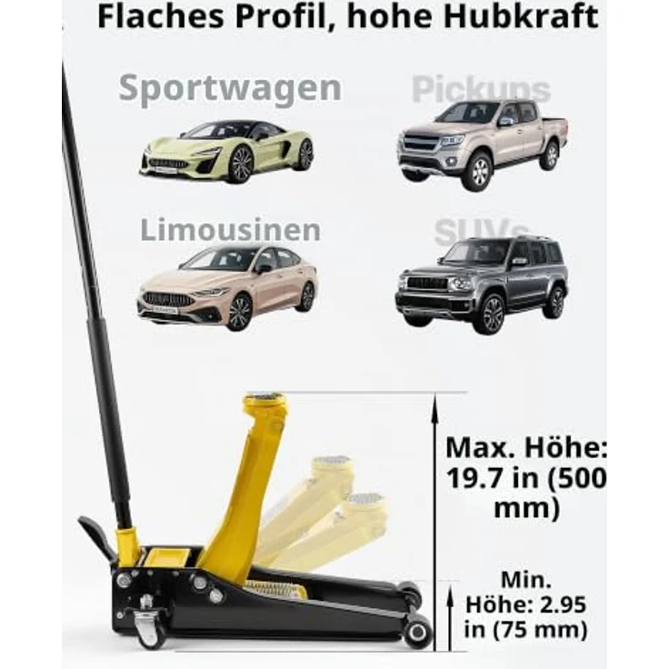 VEVOR Hydraulischer Rangierwagenheber 3 t, Stahl, mit Doppelkolben-Schnellhubpumpe, 75-500 mm Hubbereich – Bild 3