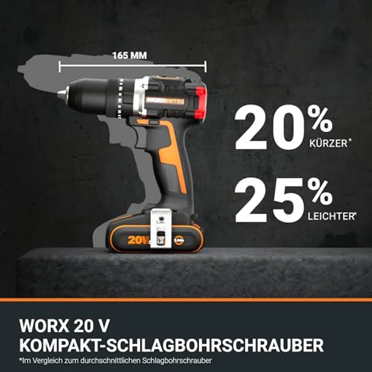 WORX Nitro WX355.9 Profi Akku Schlagbohrschrauber – bürstenloser Motor – 55Nm, Schlagzahl 33600/min, Leerlaufrehzahl 0-500/0-2100 U/min – leicht & kompakt – LED Licht – Bild 2
