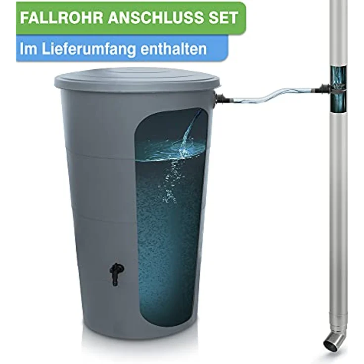 YourCasa Regentonne 160 Liter mit Anschlusset & Bohrer inklusive - Wetterfest aus Kunststoff, Wasserhahn, für Garten (Grau, 160L) – Bild 2