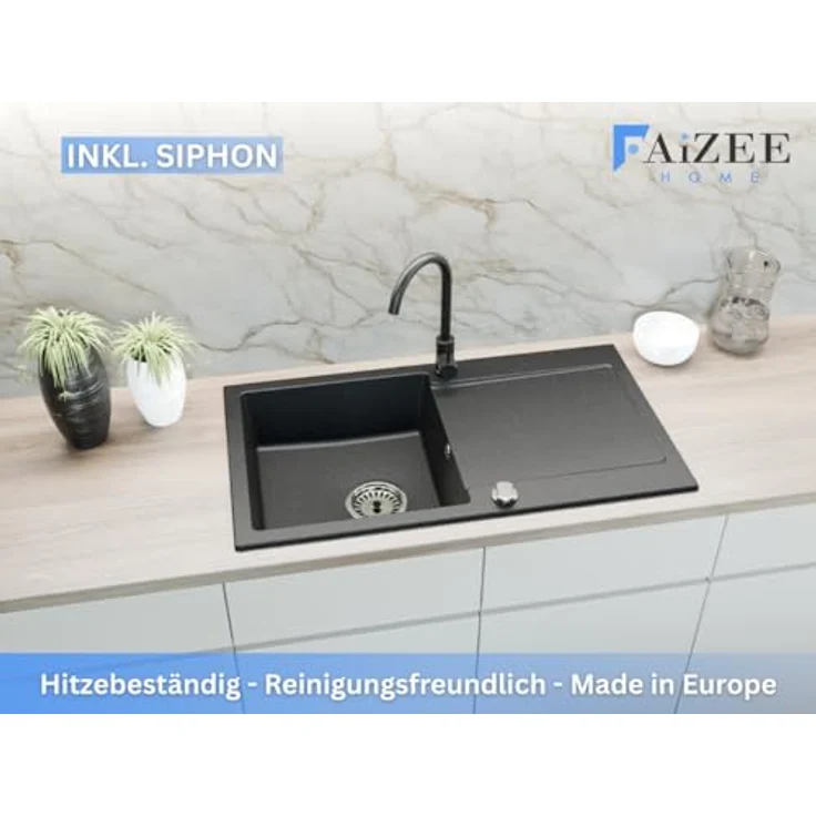 Faizee Home Granitspüle „Element“, 90x50 cm, eckig, mit Abtropffläche, reversibel montierbar, kratzfest, hitzebeständig, in Schwarz/Grau/Beige/Weiß – Bild 3