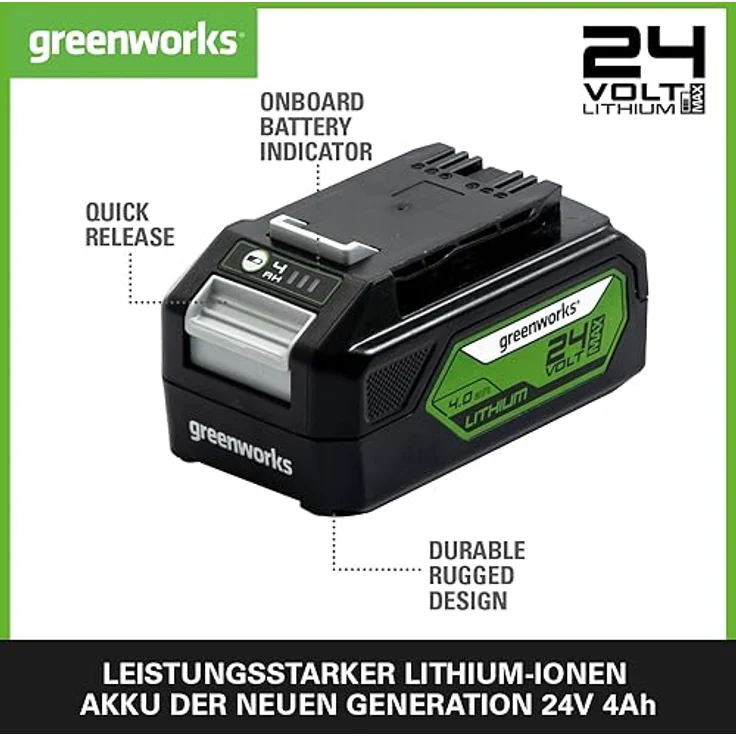 Greenworks Tools Akku G24B4 2.Generation (Li-Ion 24 V 4,0 Ah wiederaufladbarer leistungsstarker Akku passend für alle Geräte der 24 V Greenworks Tools Serie) – Bild 2