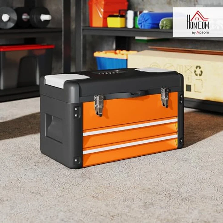 HOMCOM Werkzeugbox mit 2 Schubladen und Mini-Box, Stahl, orange, 49,7 x 25,3 x 28,9 cm, mit handlichem Tragegriff – Bild 2