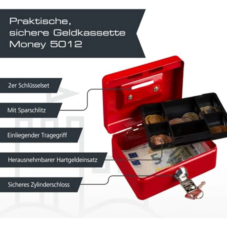 BURG-WÄCHTER Geldkassette, MONEY 5012, Stahlblech, Rot, Inkl. 2 Schlüssel und Hartgeldeinsatz, Mit Einwurfschlitz – Bild 3