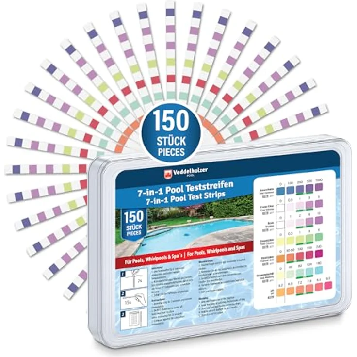 Veddelholzer 7-in-1 Pool Teststreifen, Wasseranalyse für pH-Wert, freies Chlor, Brom, Gesamthärte, Cyanursäure und Alkalinität, 150 Stück – Bild 1