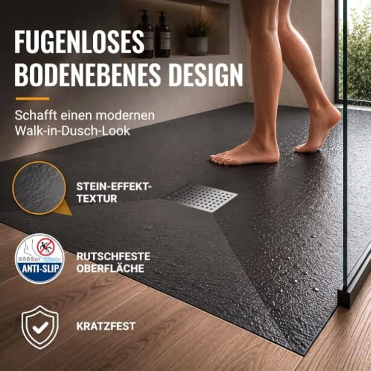 Dalsys Duschwanne 100 x 80cm, Flaches Duschbecken mit Ablaufgarnitur, rutschhemmender Oberfläche in Steinoptik – Bild 3