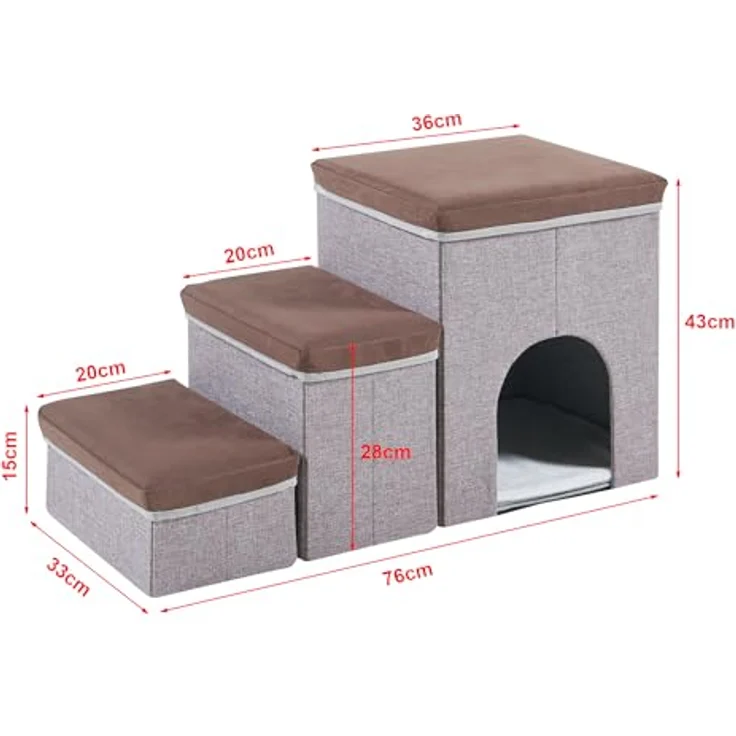en.casa Hunderampe, »Vojens« bis 30 kg 76x33x43cm Braun / Grau, praktische dreistufige Treppe für Hunde und Katzen, platzsparend zusammenklappbar, gelenkschonend – Bild 6