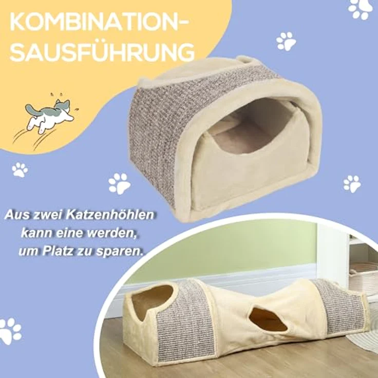 PawHut Katzentunnel Spieltunnel mit 2 Häuschen, 3 Öffnungen, Faltbar Tiertunnel für Katzen bis 6 kg, Indoor, Beige - Komfortabler Tierspielzeugtunnel für vielseitigen Spielspaß – Bild 3