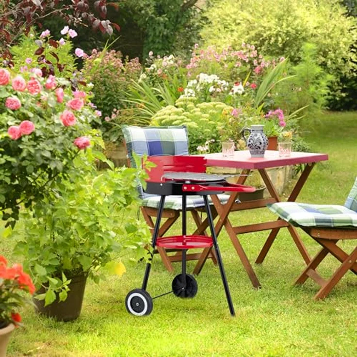 Relaxdays Holzkohlegrill 42 cm mit Rollen, Rundgrill in Schwarz und Rot für bis zu 4 Personen, 3-fach höhenverstellbarer Grillrost – Bild 3