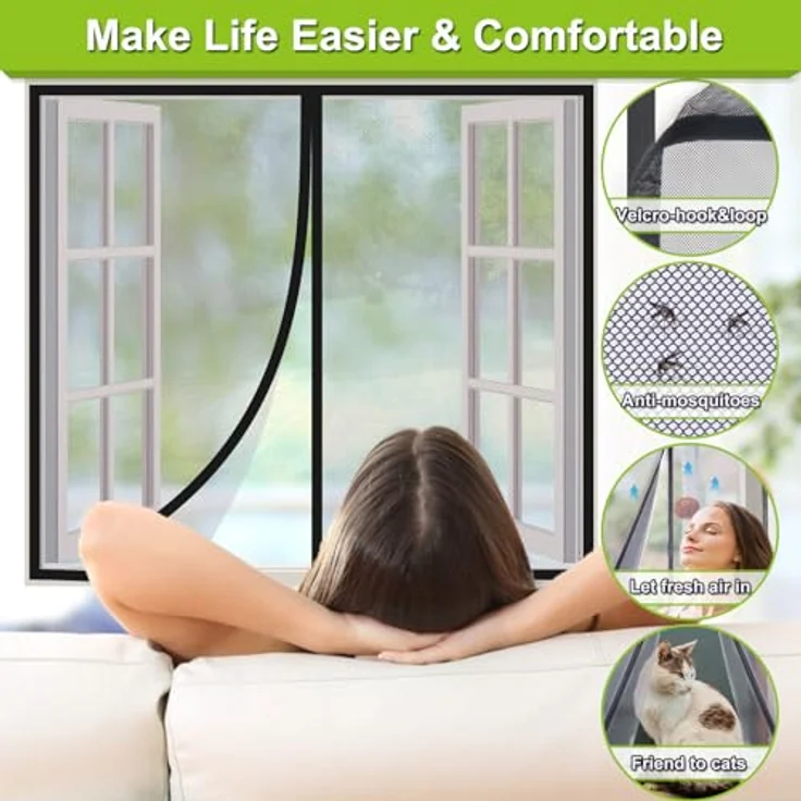 Risareyi Magnet Fliegengitter Fenster 150x110cm, Grau, Insektenschutz ohne Bohren, selbstschließend mit starken Magneten und Klettband – Bild 2