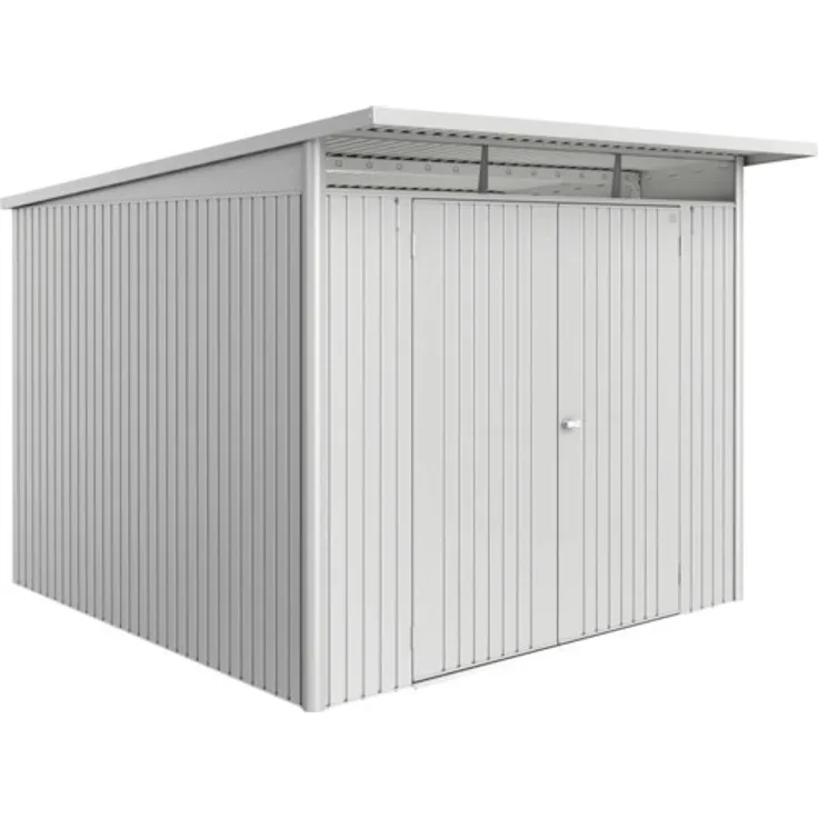 Biohort Gartenhaus AvantGarde Eco A7 Doppeltür 260 x 300 cm silber-metallic, mit gesickter Tür und Drehgriff-Zylinderschloss
