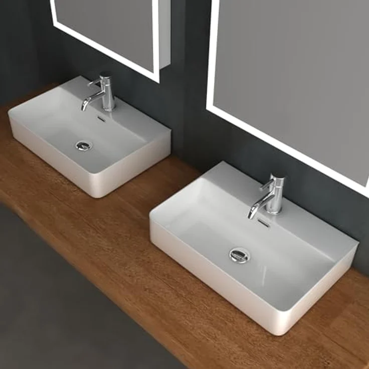 Alpenberger Waschbecken 60 cm Breit - Aufsatzwaschbecken Eckig mit Nano - Weiß, pflegeleicht durch Lotus Effekt, mit Überlauf und Hahnloch – Bild 7