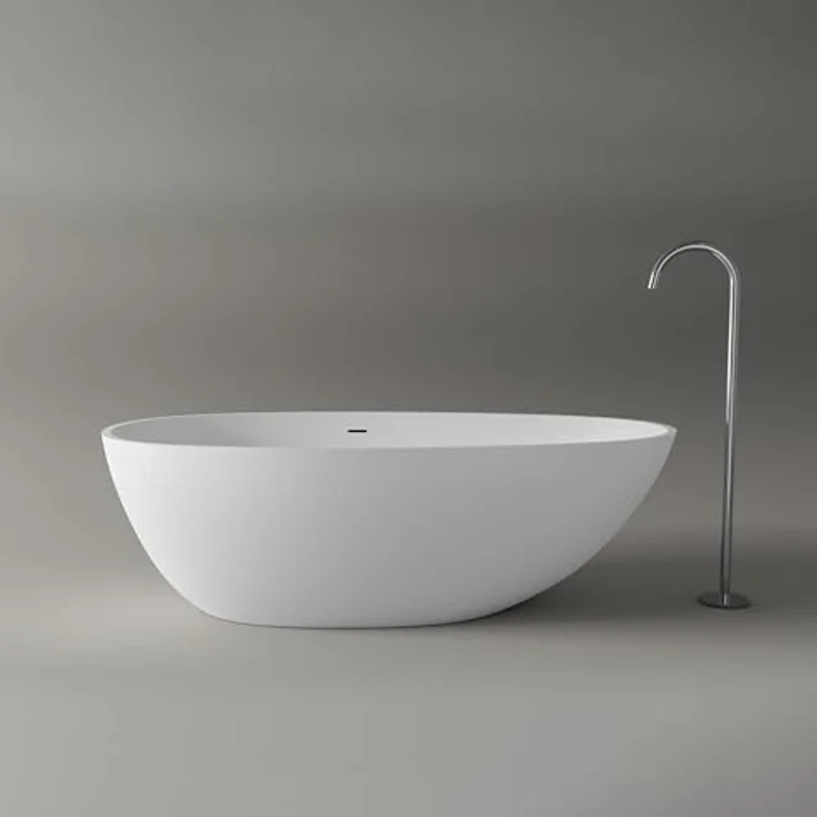 Bernstein VELA Freistehende Badewanne, Mineralguss Solid Stone, Weiß Matt, 170x86 cm, mit Pop-up-Verschluss und Überlauf – Bild 2