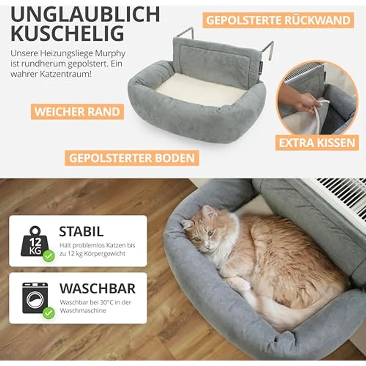 SCHLITZOHR Premium Heizungsliege für Katzen - Murphy - für Katzen bis 12kg - passend für alle Heizkörper - rundum gepolstert - Katzenbett für die Heizung – Bild 3