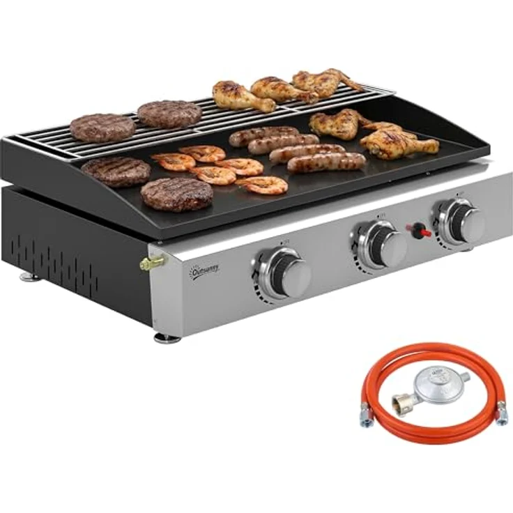 Outsunny Gasgrill 7,5 KW Tragbarer Tischgrill mit 3 Edelstahlbrennern, emaillierter Grillplatte, herausnehmbarem Fettauffangbehälter und Warmhalterost für Garten und Balkon – Bild 1