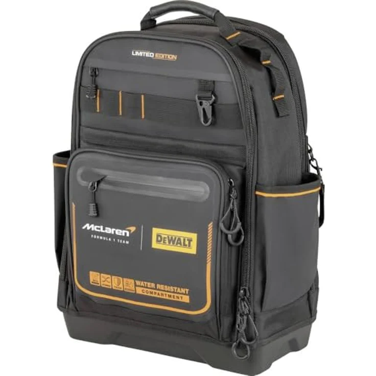 Dewalt McLaren DWST60122-1 Werkzeugrucksack mit 3 Reißverschluss Taschen und seitlichen Fächern, schwarz-orange – Bild 2