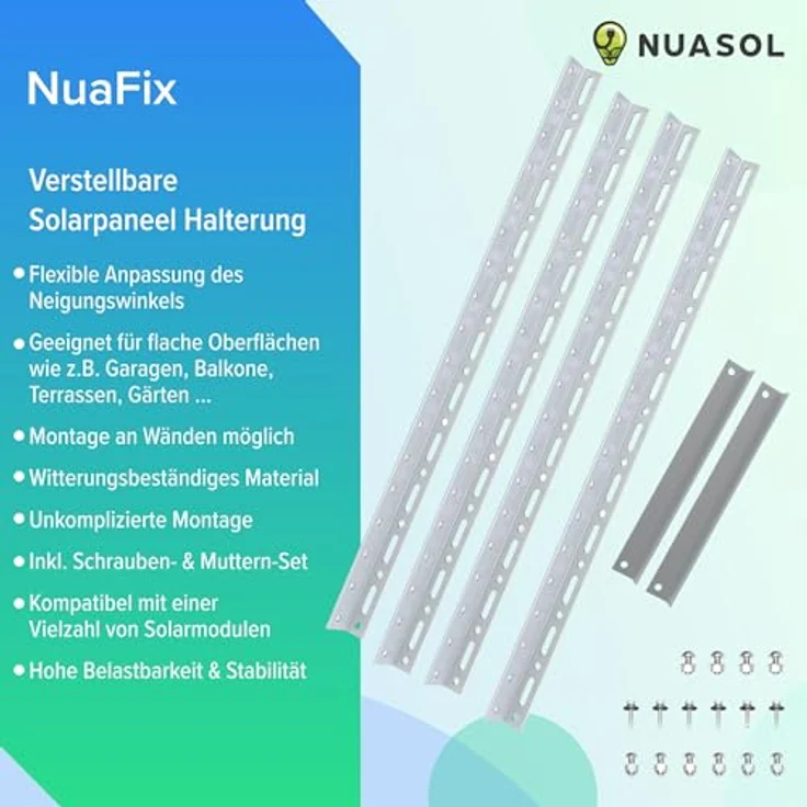 NuaSol Halterung für Solarpanel Aufständerung bis 118 cm Flachdach PV Solarmodul Verstellbar 0-90° Aluminium Set Montagematerial, Silber – Bild 2