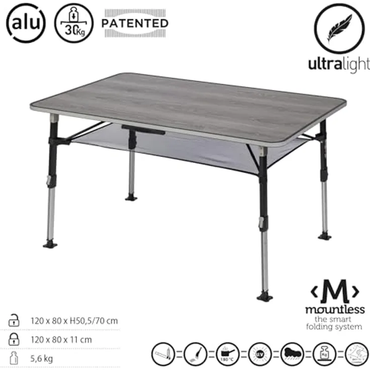 BRUNNER Campingtisch Klapptisch ELU NG 120, höhenverstellbar, wetterfestes Greywood-Design, Alu, 120 x 80 cm, 5,6 kg