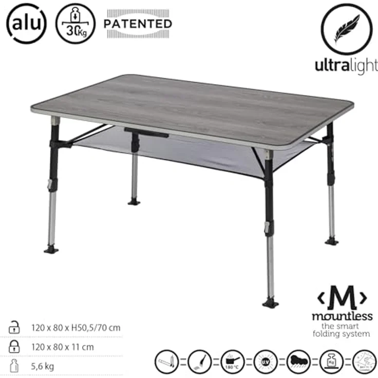 BRUNNER Campingtisch Klapptisch ELU NG 120, höhenverstellbar, wetterfestes Greywood-Design, Alu, 120 x 80 cm, 5,6 kg – Bild 1