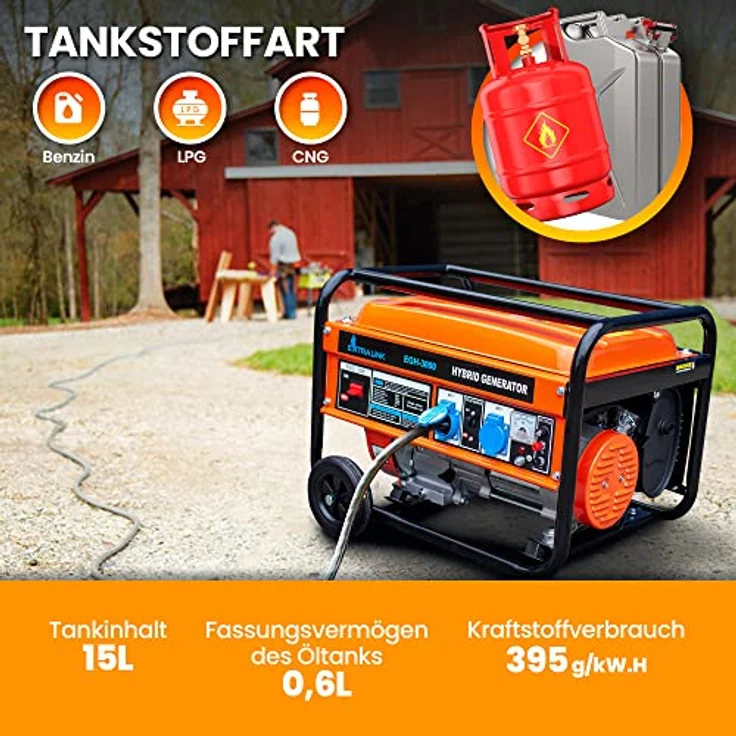 Extralink EGH-3000 Stromgenerator Hybrid Gas LPG CNG Benzin 3kW 1F Generator 3000W Tankvolumen 15L Easy-Start 2x AC 230V Camping, Schwarz – Bild 3