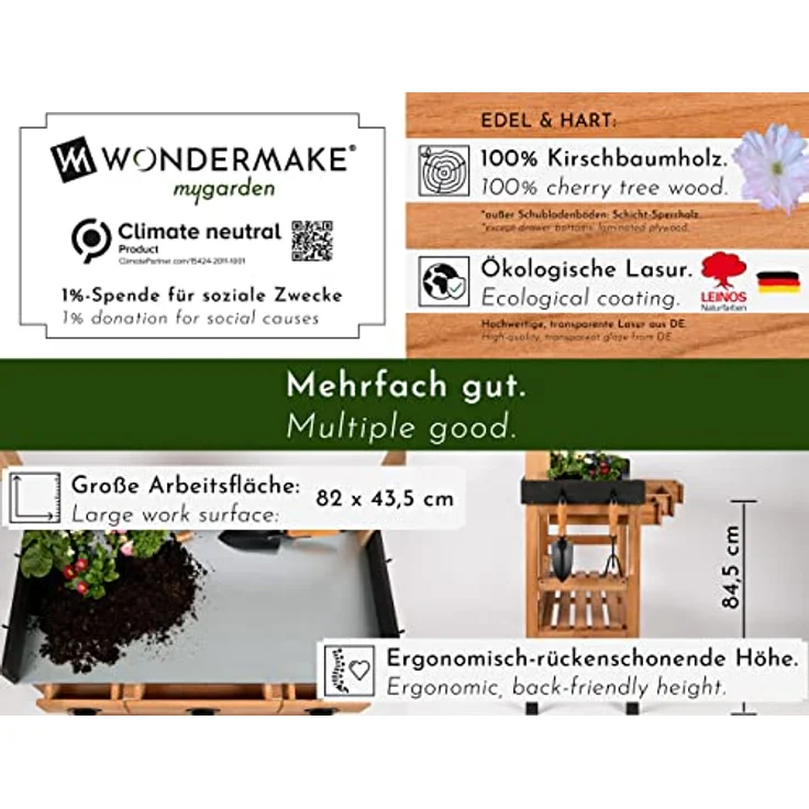 WONDERMAKE Pflanztisch aus Kirschbaum Holz groß mit Schubladen wetterfest Garten-Arbeitstisch, XL für Outdoor Balkon, dunkel-braun/schwarz – Bild 5