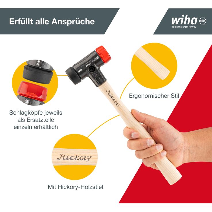 Wiha Schonhammer Safety mittelweich und hart (26611) I Gummihammer mit hochwertigem Hickory Holzstiel I Rund-Schlagkopf 30mm - Preisvergleich – Bild 6